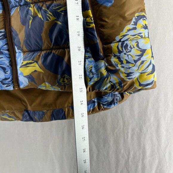 Offline by Aerie Floral Puffer Vest Womens L Full Zip Hooded Quilted Brown Blue - Picture 12 of 13